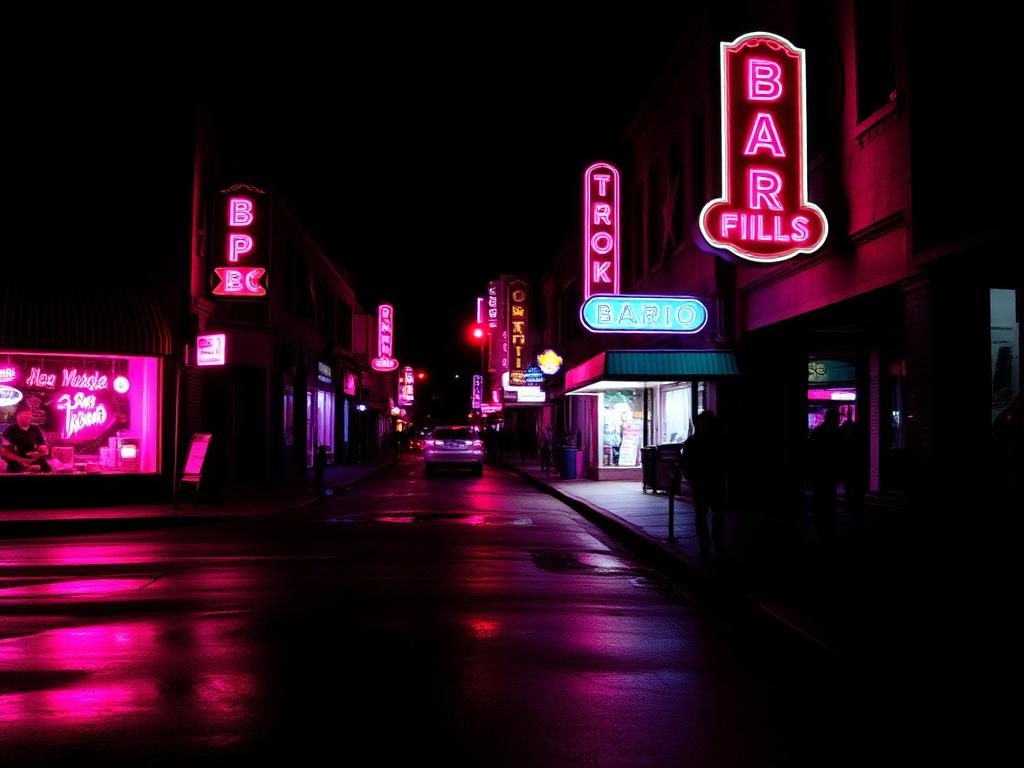 Neon shop signs glowing over a wet barrio street at night